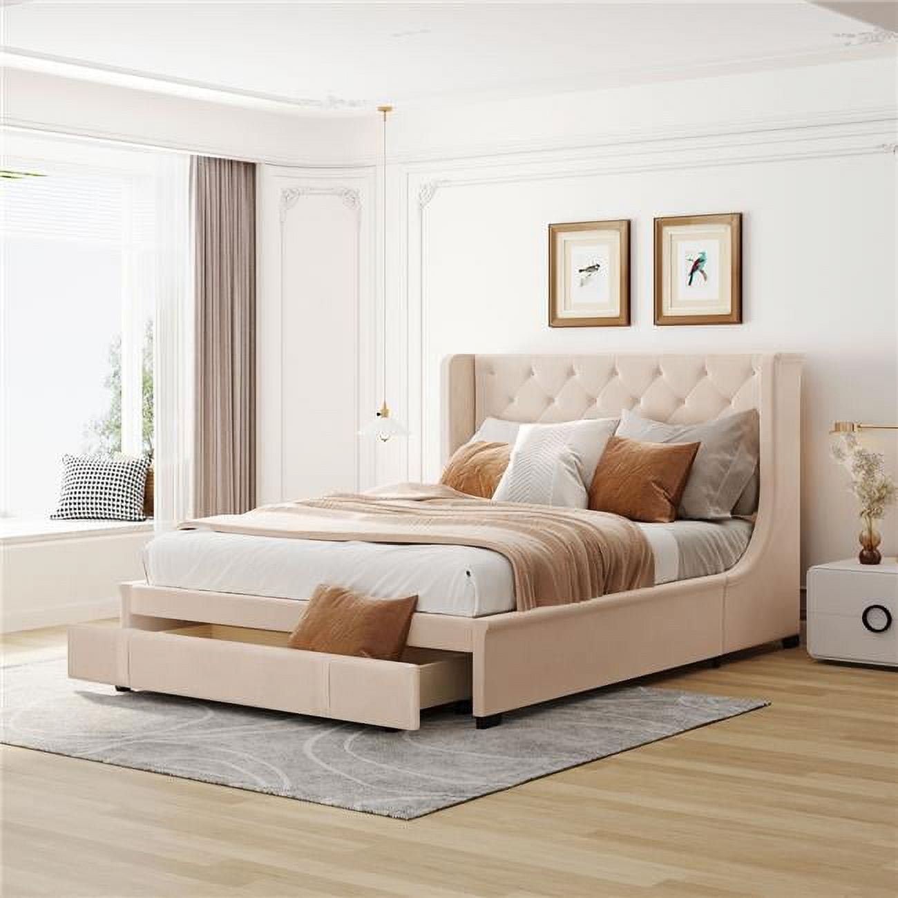 UBS-LP000814AAA Queen Size Storage Bed Frame Velvet Upholstered Platform Bed with Wingback Headboard and a Big Drawer (Beige) -  Direct Wicker