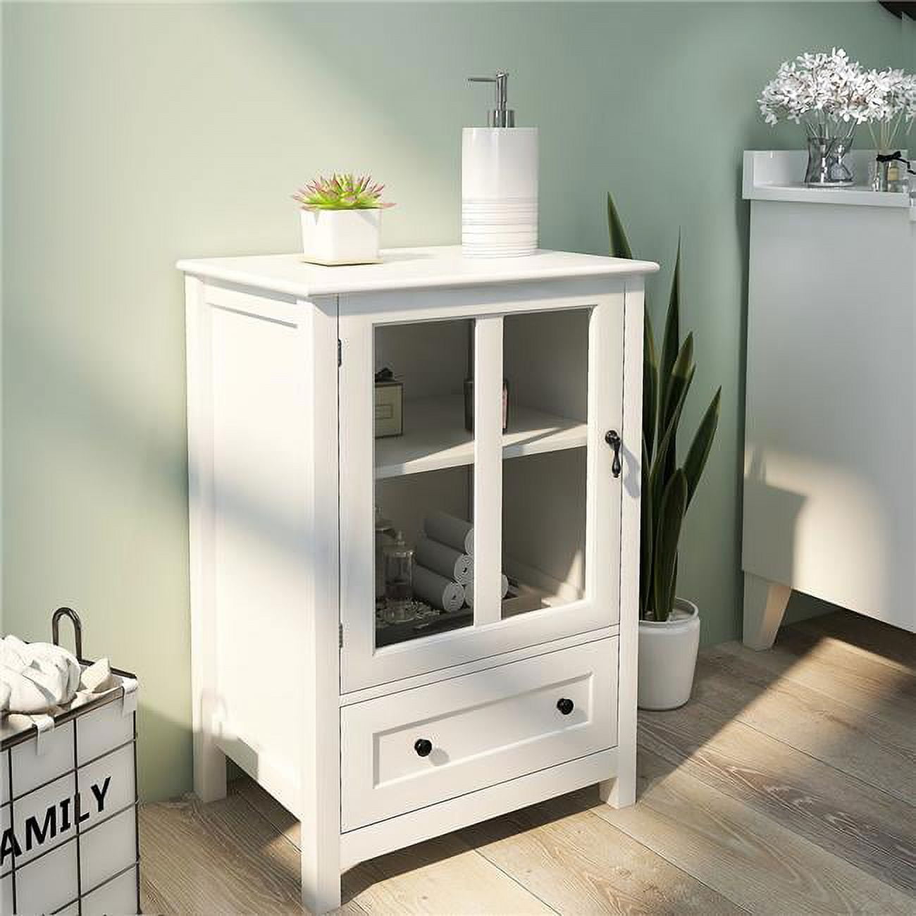UBS-W28227727 Storage Cabinet with Single Glass Doors and Unique Bell Handle for Living Room, Bathroom and Bedroom