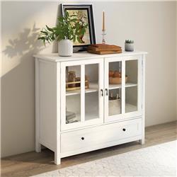 UBS-W28227723 Storage Cabinet with Double Glass Doors and Unique Bell Handle for Living Room, Bathroom and Bedroom