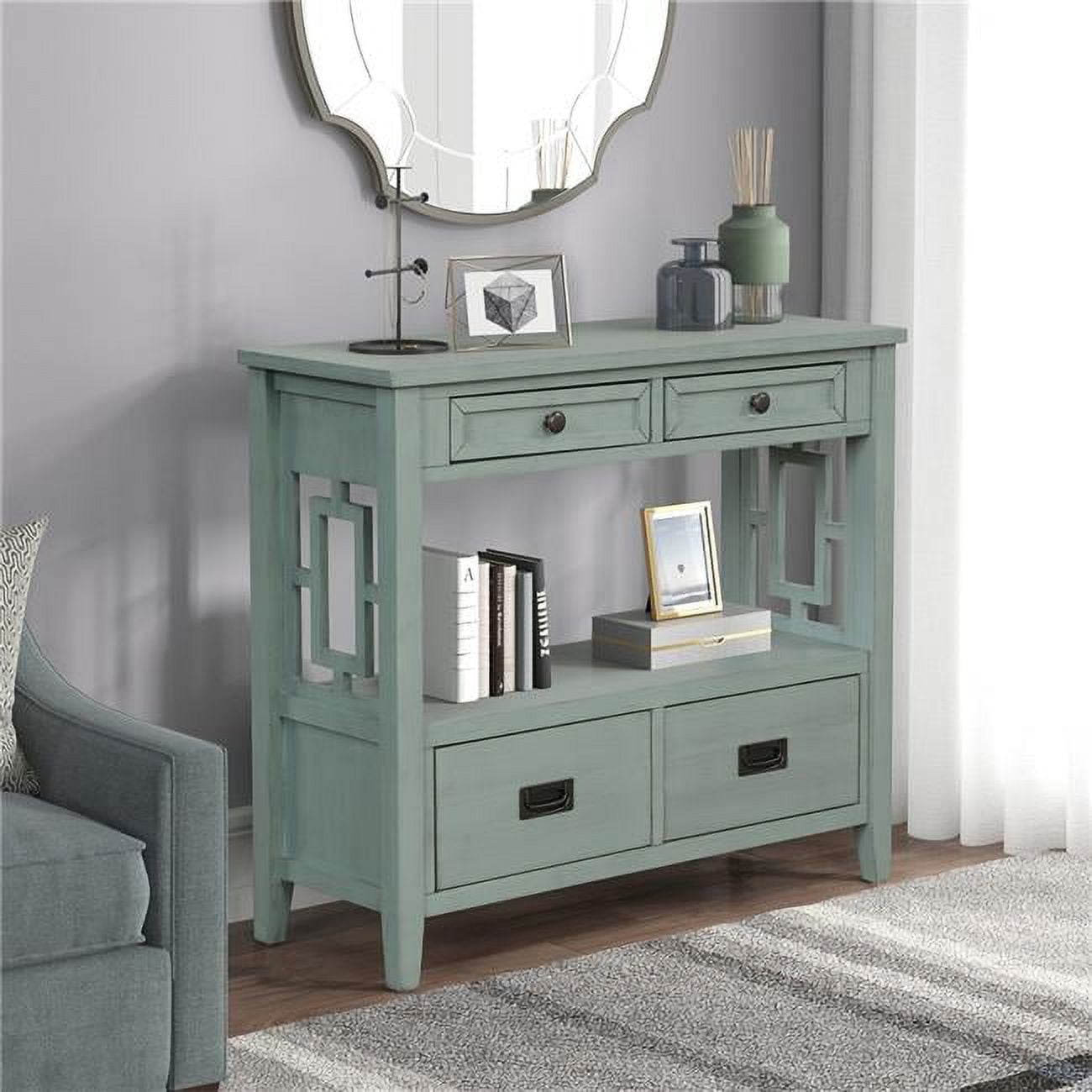 UBS-W120246662 36'' Farmhouse Pine Wood Console Table Entry Table with 4 Drawers and 1 Storage Shelf (Green) -  Direct Wicker