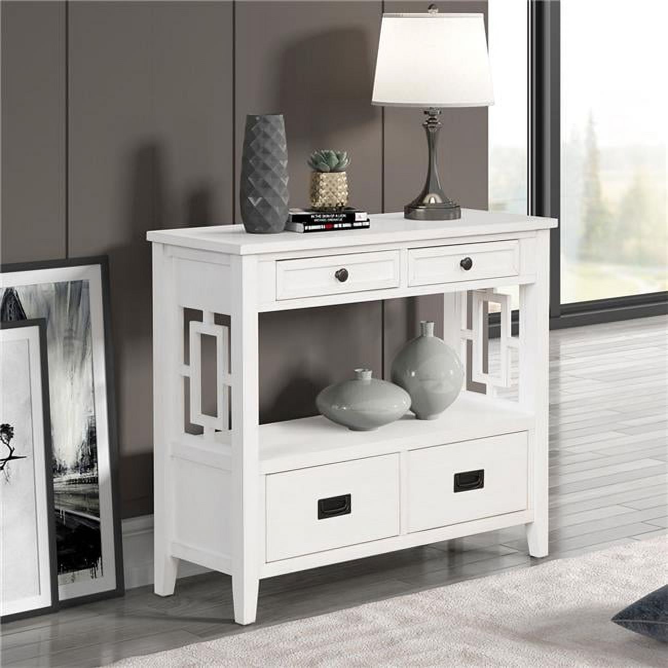 36'' Farmhouse Pine Wood Console Table Entry Table with 4 Drawers and 1 Storage Shelf (White) -  KD Marco de la cama, KD2955923