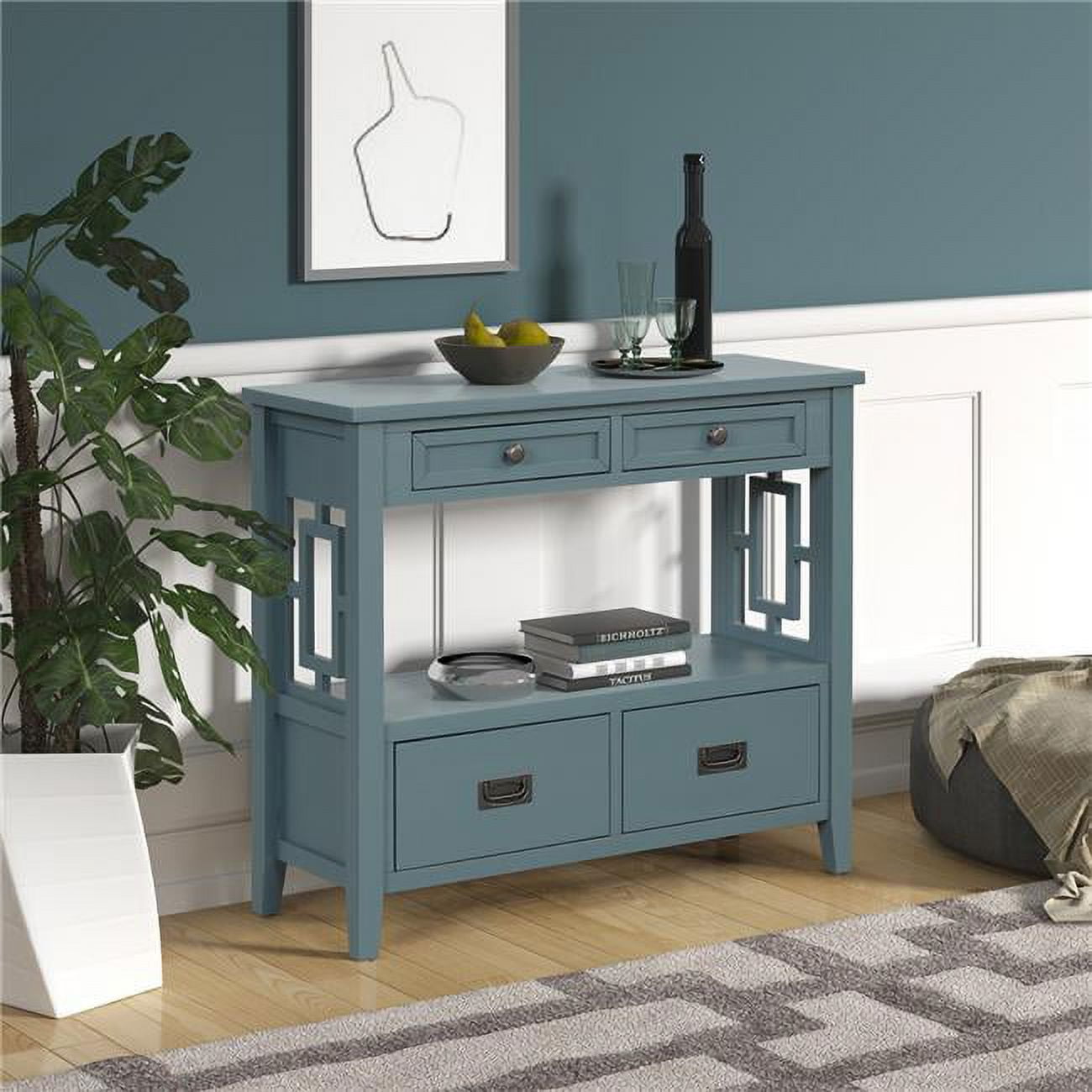 36'' Farmhouse Pine Wood Console Table Entry Table with 4 Drawers and 1 Storage Shelf (Blue) -  KD Marco de la cama, KD2949895