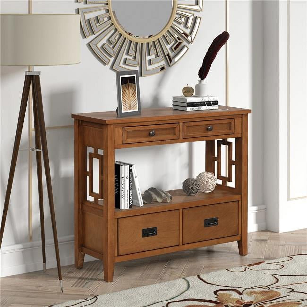 36'' Farmhouse Pine Wood Console Table Entry Table with 4 Drawers and 1 Storage Shelf (Brown) -  KD Marco de la cama, KD2955924