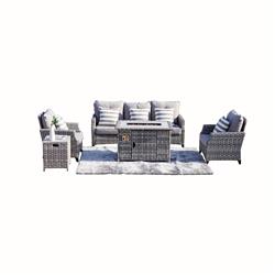 PAF-1802-Grey  Upgraded 5-Piece Outdoor PE Rattan Patio Sofa Set with Gas Fire Pit Table Burner System and Cushions -  Direct Wicker