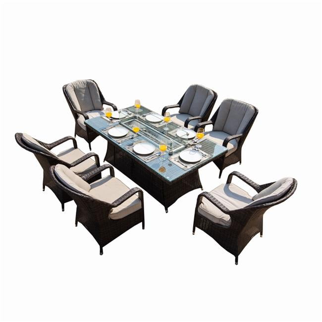 PAG-1106R-Brown 7 Piece 6-Seat PE Rattan Wicker Outdoor Patio and Garden Rectangular Fire Pit Dining Table Chair Set -  Direct Wicker