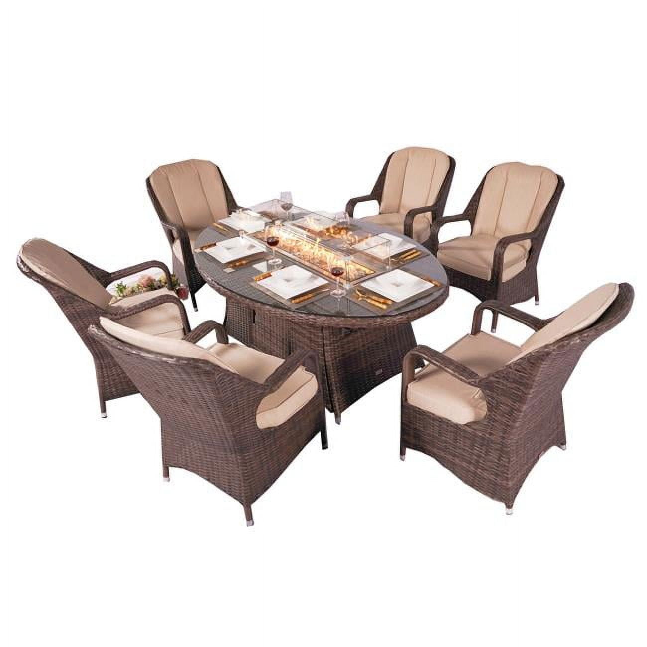 PAG-1106O-Brown 7 Piece 6-Seat PE Rattan Wicker Outdoor Patio and Garden Oval Fire Pit Dining Table Chair Set -  Direct Wicker