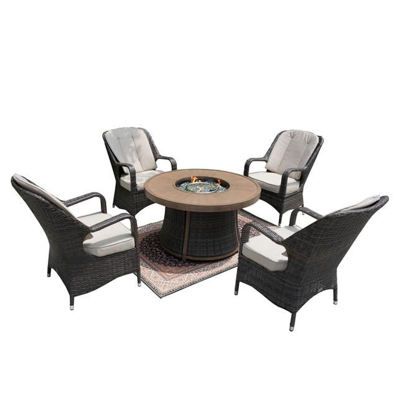 Outdoor Patio Rattan Wicker Round Firepit Table with Standard Dining Chairs Set, Brown