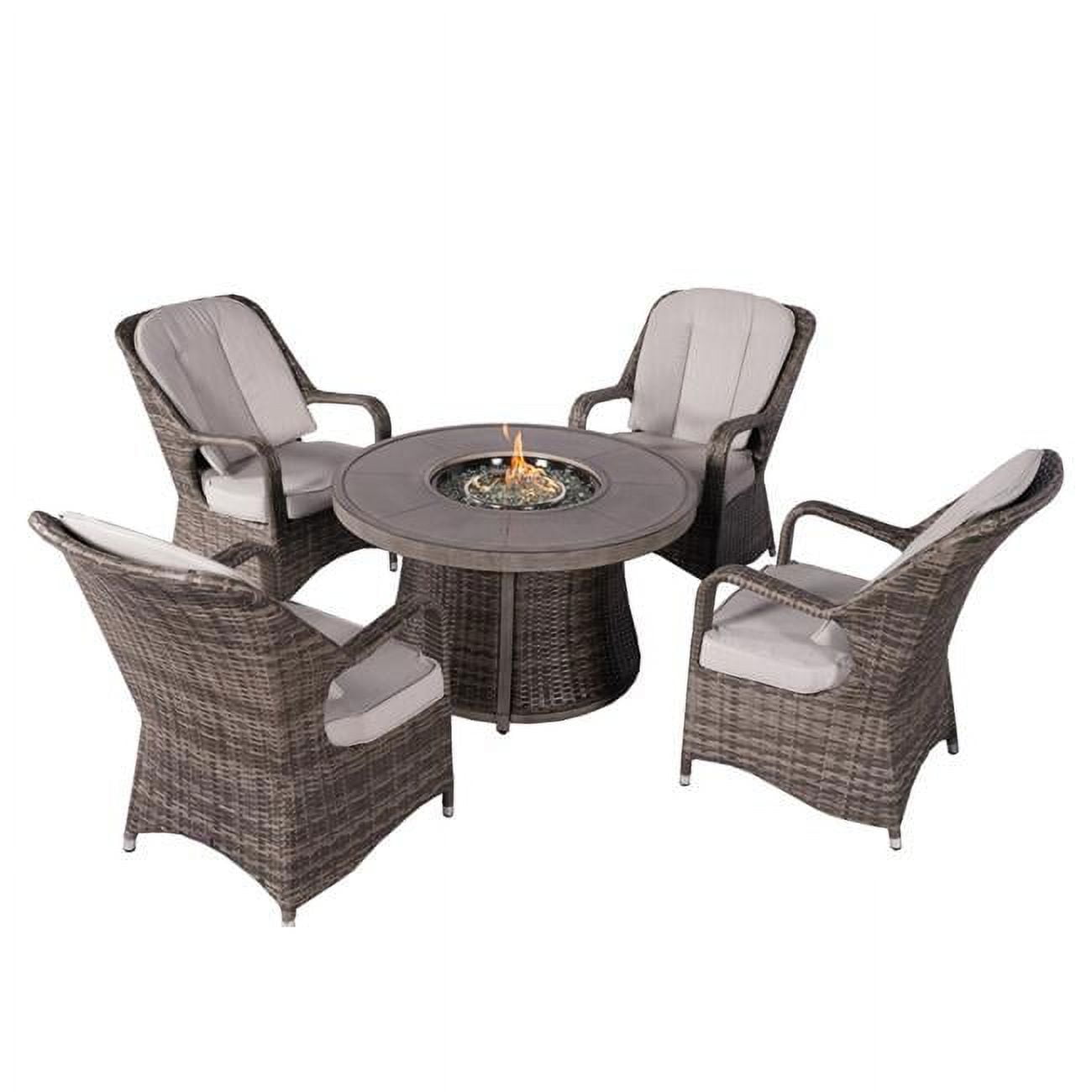 Outdoor Patio Rattan Wicker Round Firepit Table with Standard Dining Chairs Set, Grey