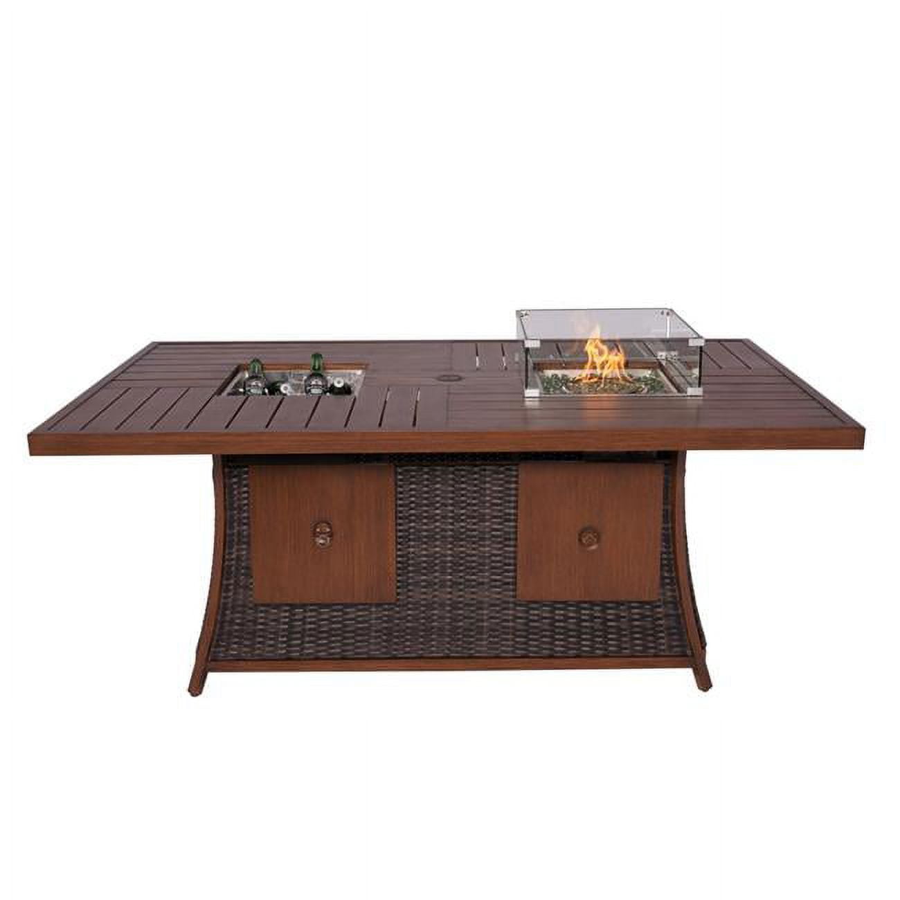 Outdoor Patio Gas Firepit and Ice Container Rectangle Dining Table, Brown