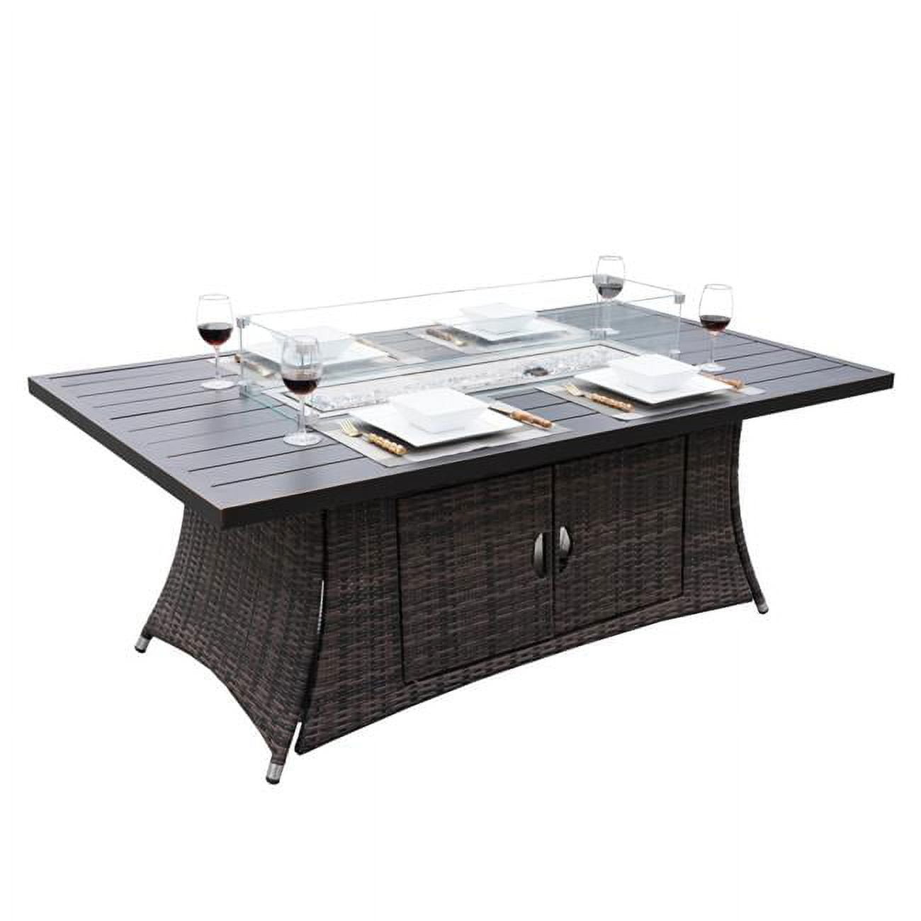 Outdoor Patio Rattan Gas Fire Pit Rectangle Dining Table, Brown