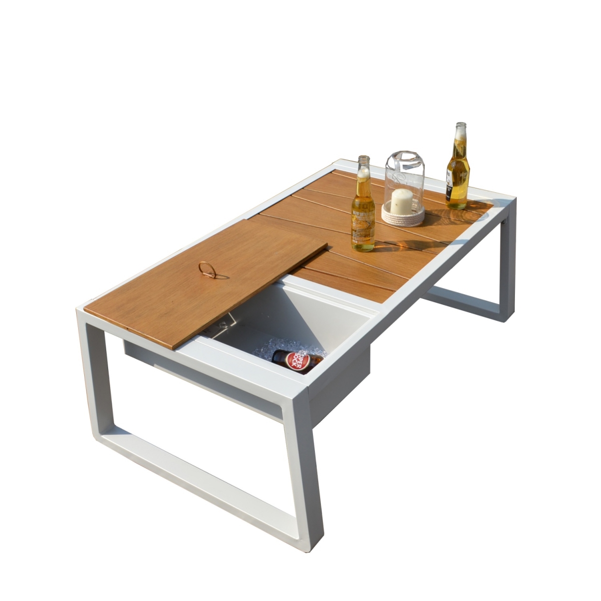 1 Piece Outdoor Garden White Iron Coffee Table with the Drink Cooler