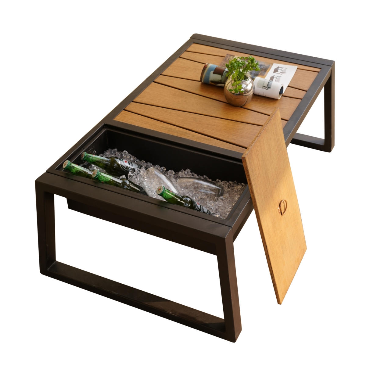 1 Piece Outdoor Garden Black Iron Coffee Table with the Drink Cooler