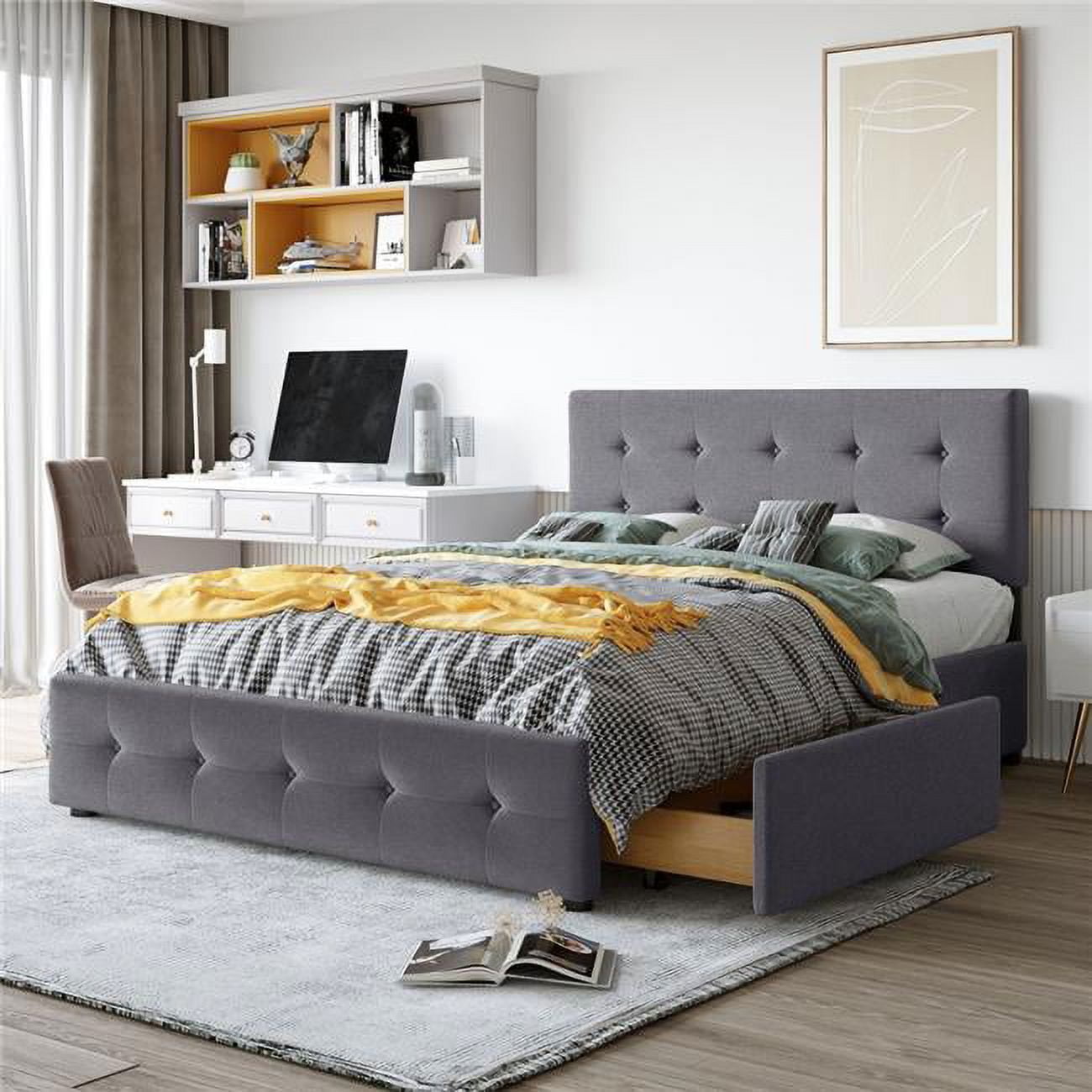 UBS-LP100114AAE Upholstered Platform Bed with Headboard and 4 Drawers, No Box Spring Needed, Linen Fabric, Queen Size Dark Gray -  Direct Wicker