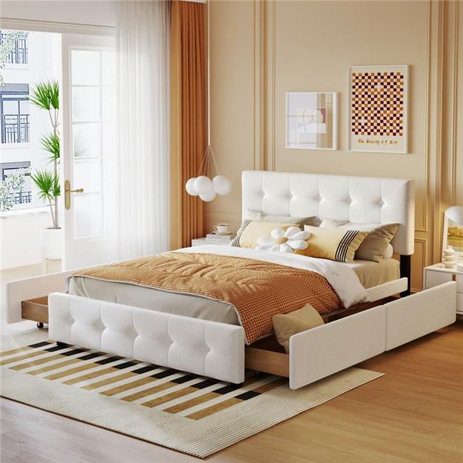 UBS-LP100114AAK Upholstered Platform Bed with Headboard and 4 Drawers, No Box Spring Needed, Linen Fabric, Queen Size White -  Direct Wicker