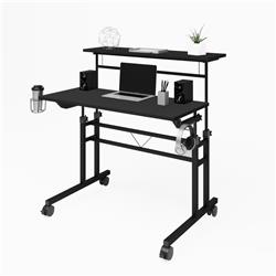 Picture of Direct Wicker UBS-RTA-3800SU-BK Rolling Writing Desk with Height Adjustable Desktop and Moveable Shelf, Black