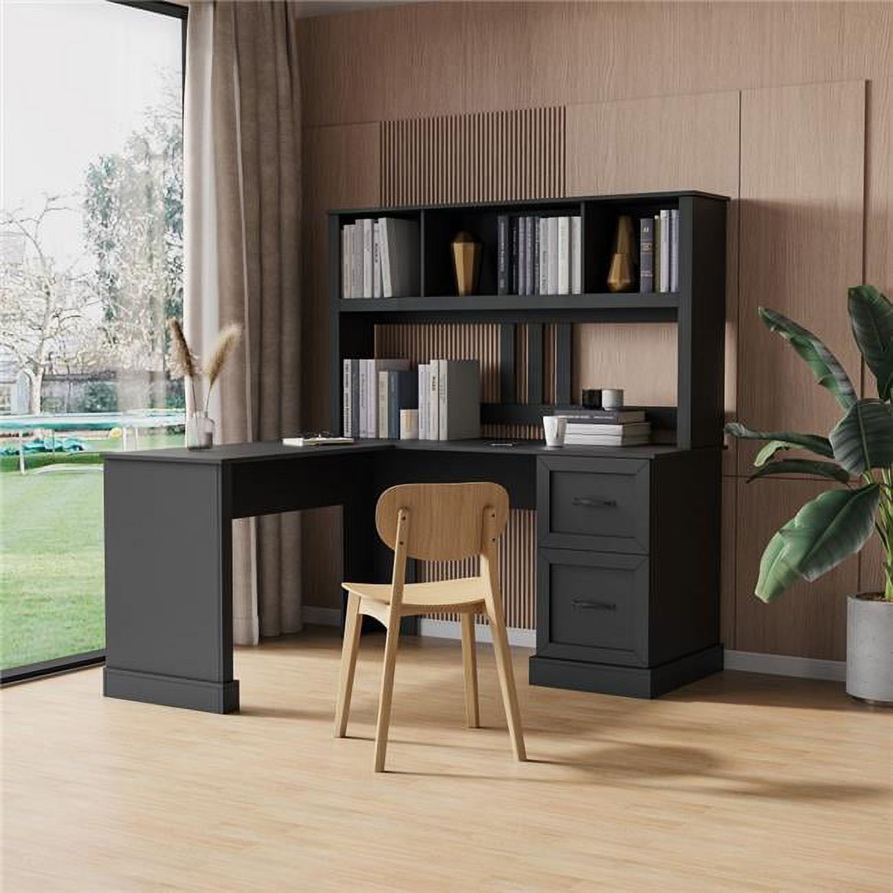 Picture of Direct Wicker UBS-W331S00116 Home Office Table Computer Desk with Hutch, Antiqued Black Finish