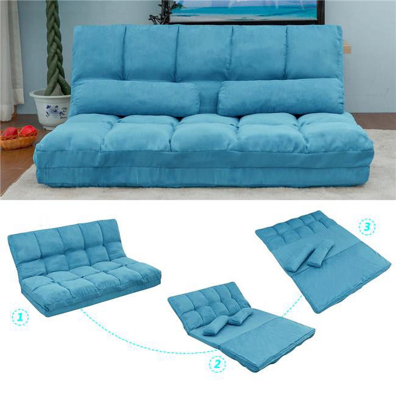 Double Chaise Lounge Sofa Floor Couch & Sofa with Two Pillows, Blue