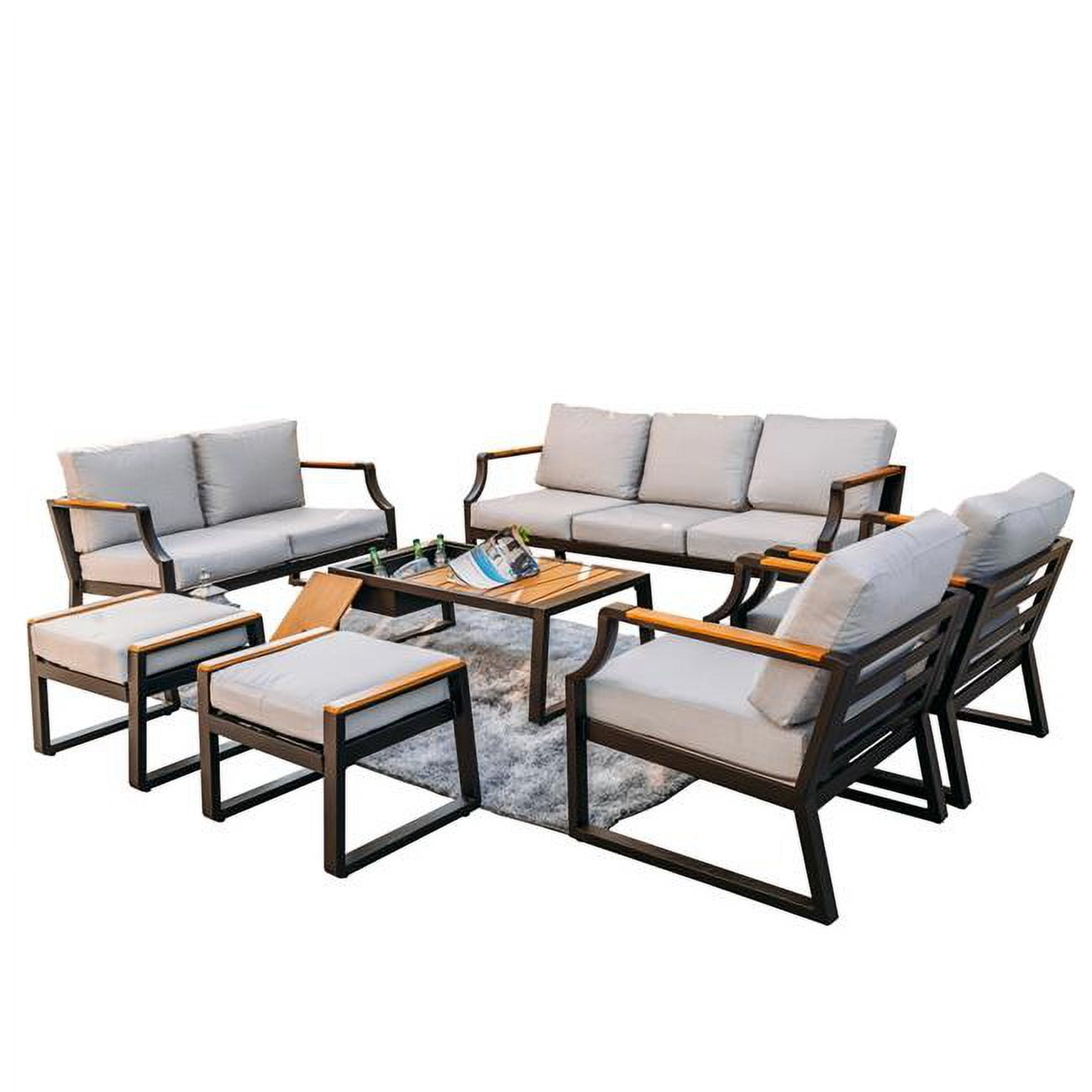 PAS-2101-Black 7 Piece Outdoor Black Iron Conversational Sofa Set with Gray Cushions and Drink Cooler -  Direct Wicker