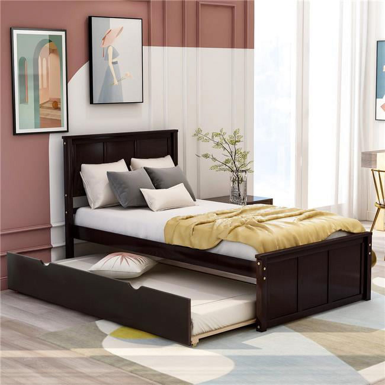 Platform Bed Frame with Trundle, Espresso - Twin Size