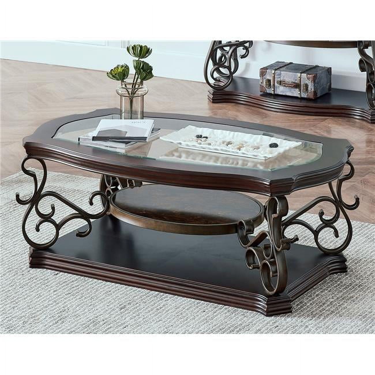UBS-W48720760 52 x 32 x 20.3 in. Glass Table Top Cocktail Table with Marble Paper Middle Shelf & Powder Coat Finish Metal Legs, Dark Brown -  Direct Wicker