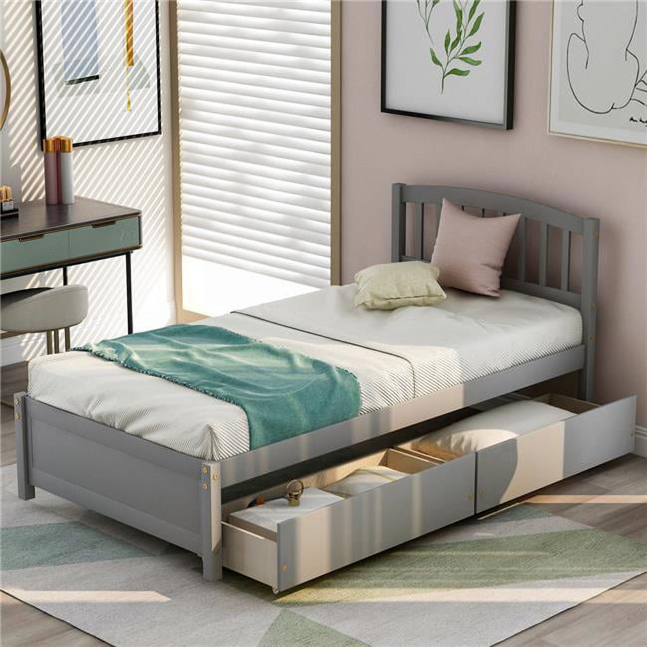 Platform Storage Wood Bed Frame with Two Drawers & Headboard, Gray - Twin Size