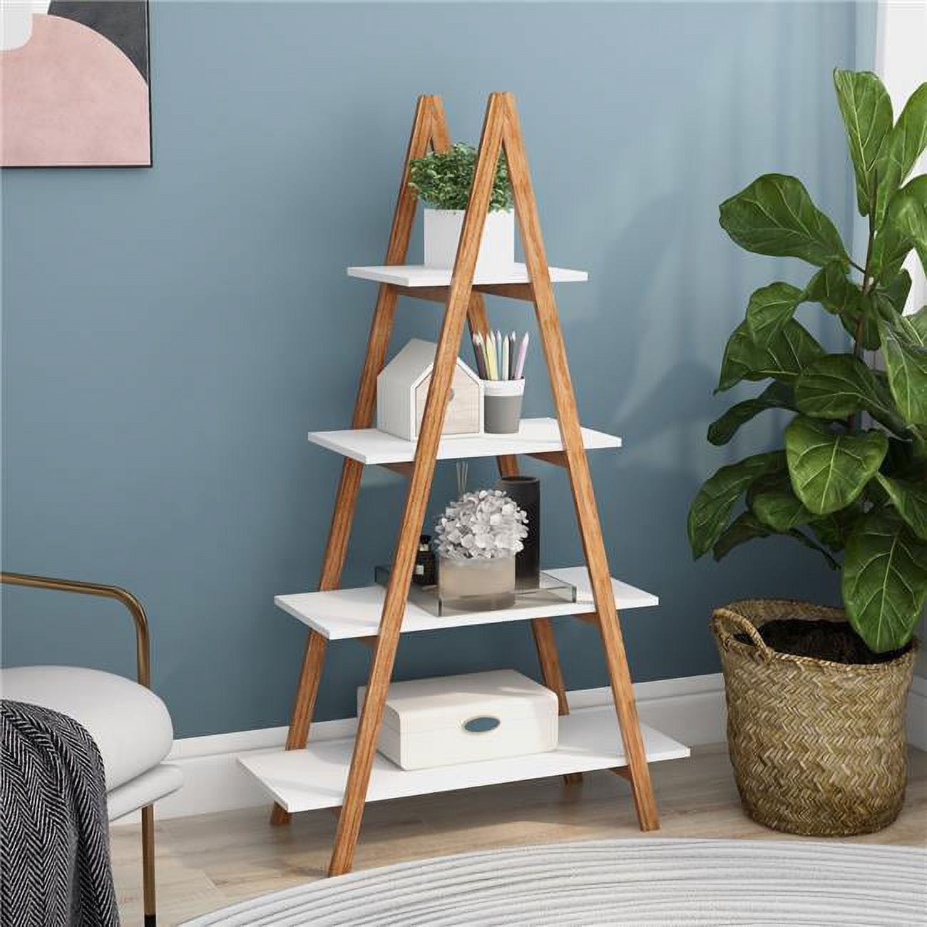 Solid Bamboo Wood Oxford A Frame Ladder Display Bookshelf, White