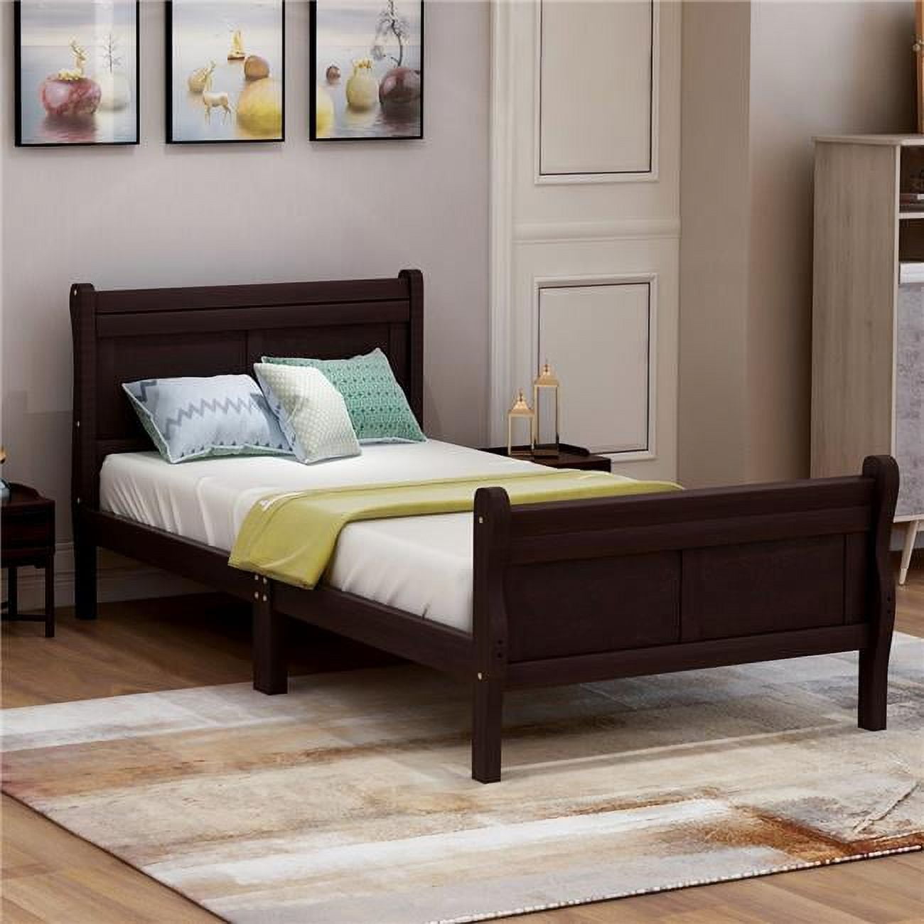 UBS-WF192439AAP Wood Platform Frame Mattress Foundation Sleigh Bed with Headboard & Footboard, Espresso - Twin Size -  Direct Wicker