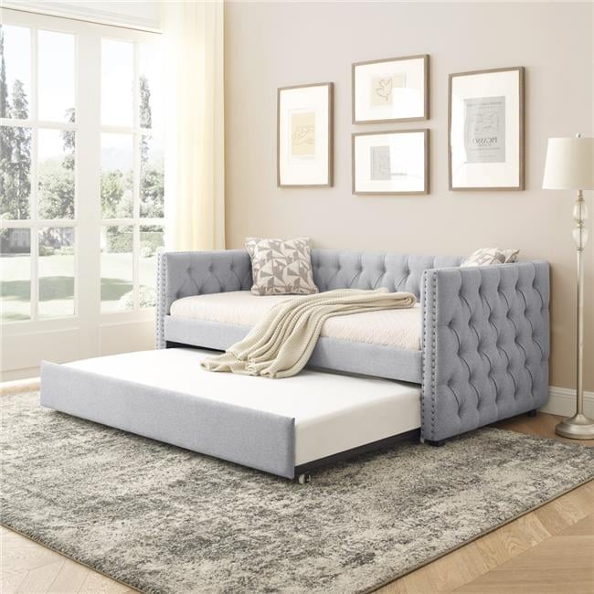 Grey Upholstered Tufted Sofa Bed, Mid-Century Twin Size Daybed with Trundle -  KD Marco de la cama, KD4413827