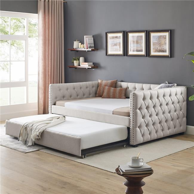 UBS-W487S00102 Beige Upholstered Tufted Sofa Bed, Full Size Daybed with Twin Size Trundle -  Direct Wicker