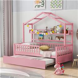 Pink Wooden Kids Twin Size House Bed Frame with Trundle Bed and Shelf -  KD Marco de la cama, KD3474496