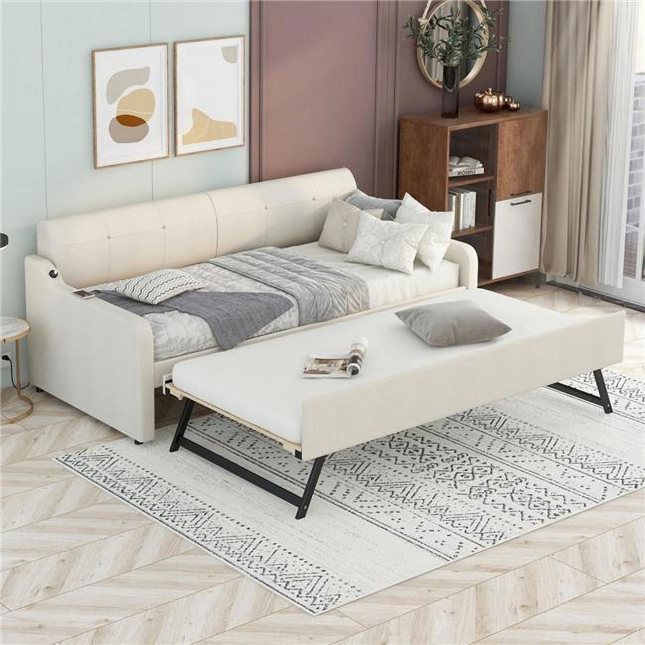 Beige Twin Size Upholstery DayBed with Trundle Bed and USB Charging