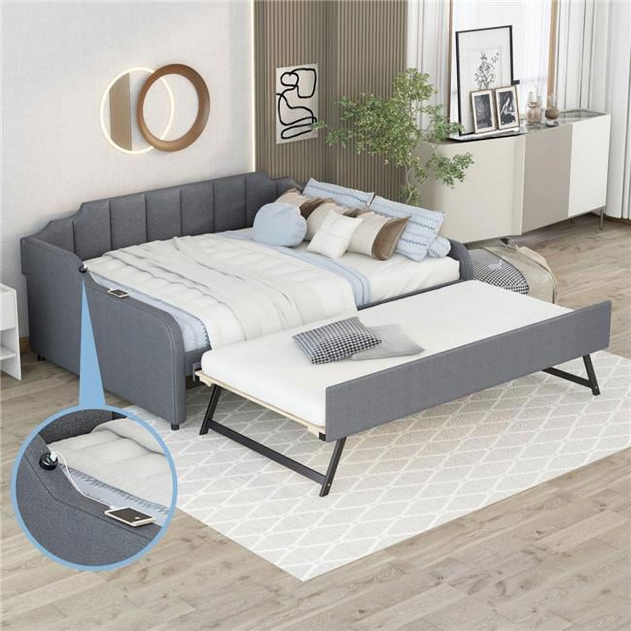 Grey Full Size Upholstery DayBed with Trundle Bed and USB Charging