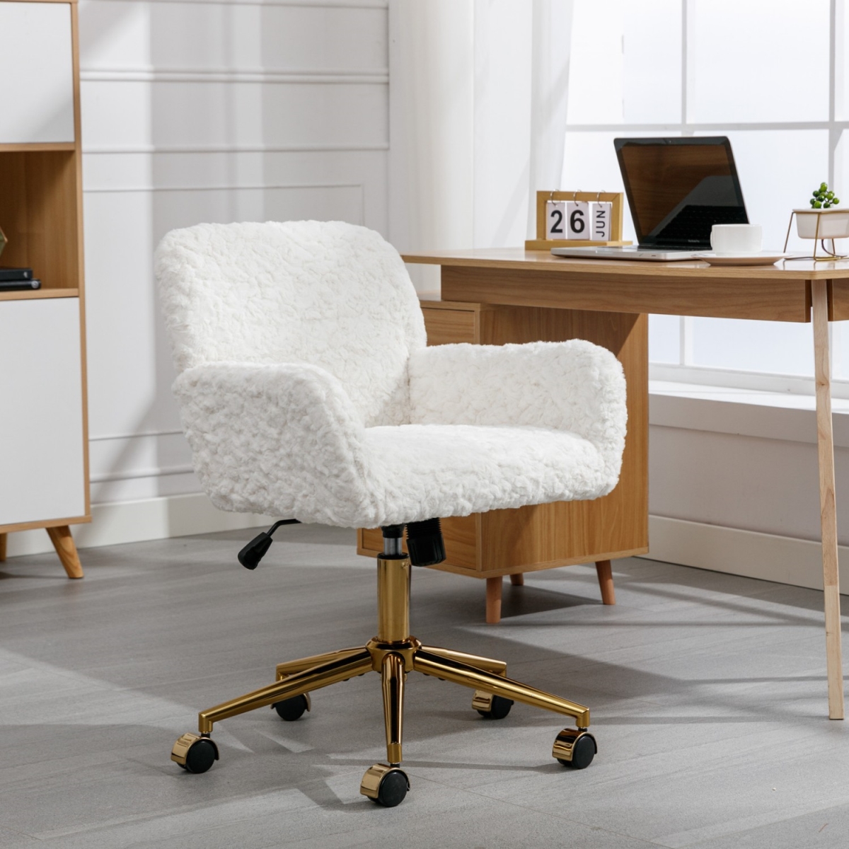 UBS-W114392211 White Home Swivel Office Chair with Metal Base, Adjustable Vanity Chair