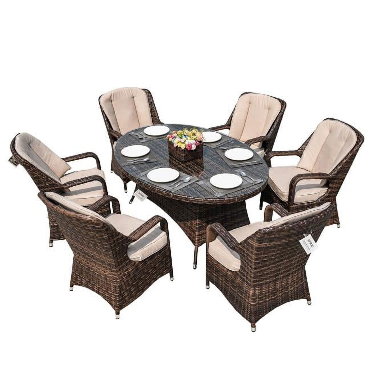 PAD-1713-Brown 7 Piece 6 Seat Outdoor Garden Lamao Rattan Oval Dining Table and Chairs Set -  Direct Wicker