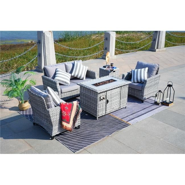 DWF-1801-G 5-Piece Aluminum Wicker Outdoor Gas Fire Pit Conversation Set with Gray Cushions -  Direct Wicker