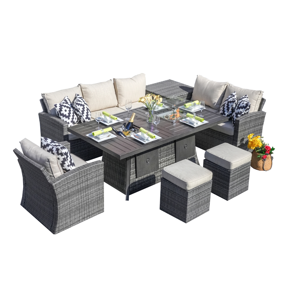 7-Piece Patio Sofa Set with Firepit and Ice Container Dining Table