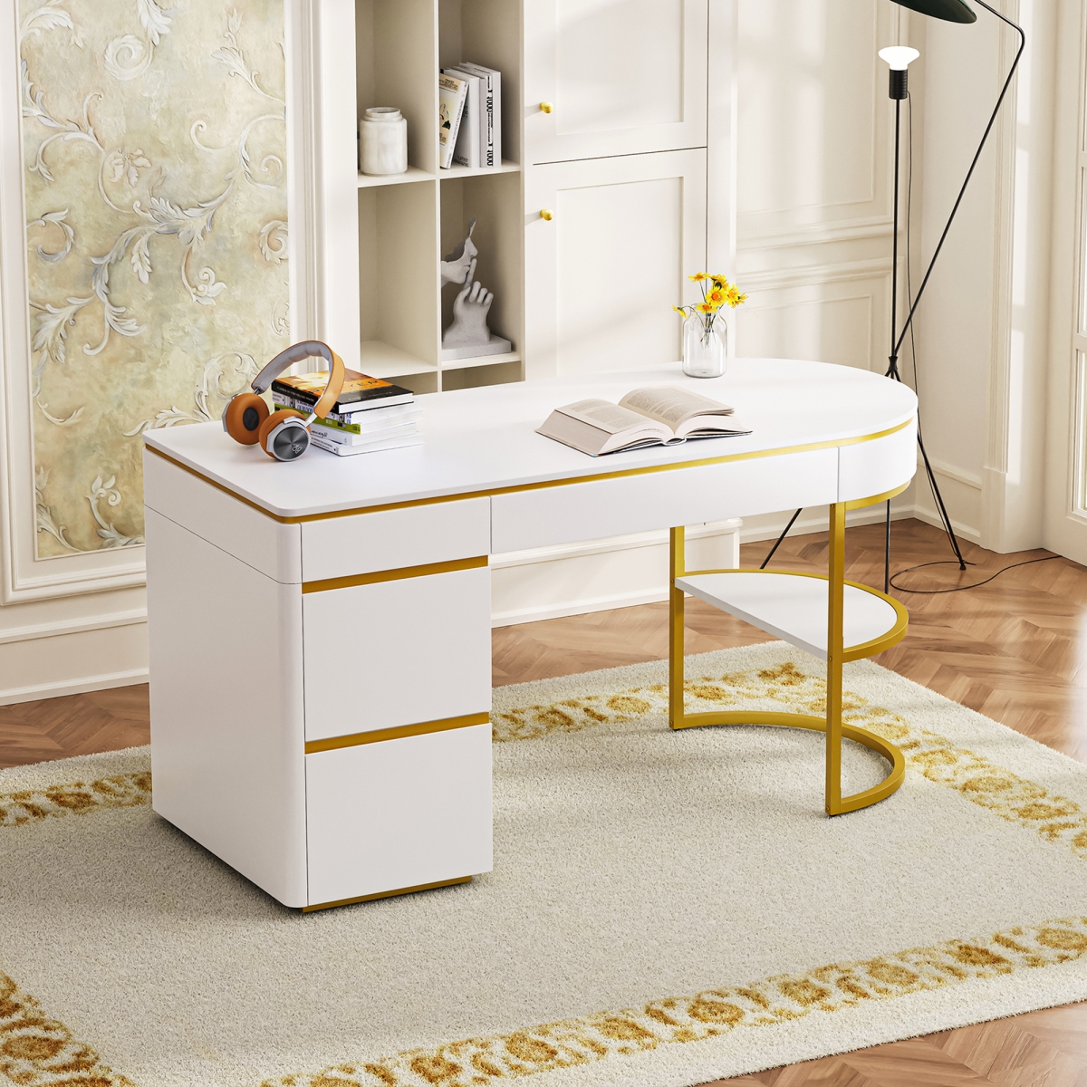 Picture of Direct Wicker UBS-SR000020AAK White Curved Computer Desk&#44; Home office desk with 1 Storage Cabinet