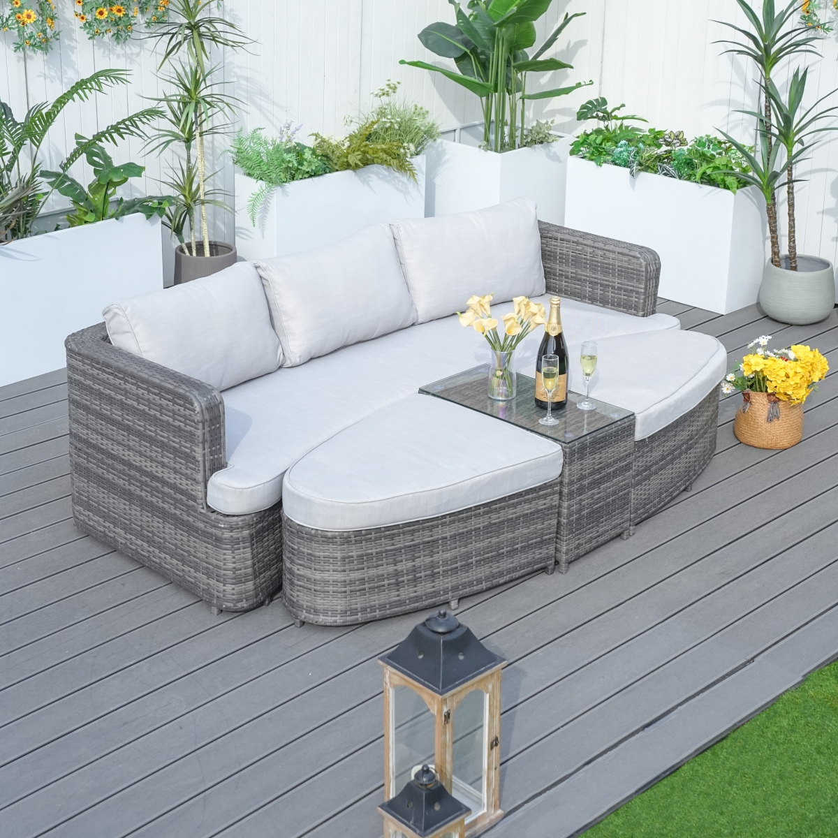 Gray 4-Piece Patio Wicker Daybed Set with Side Table & Cushion