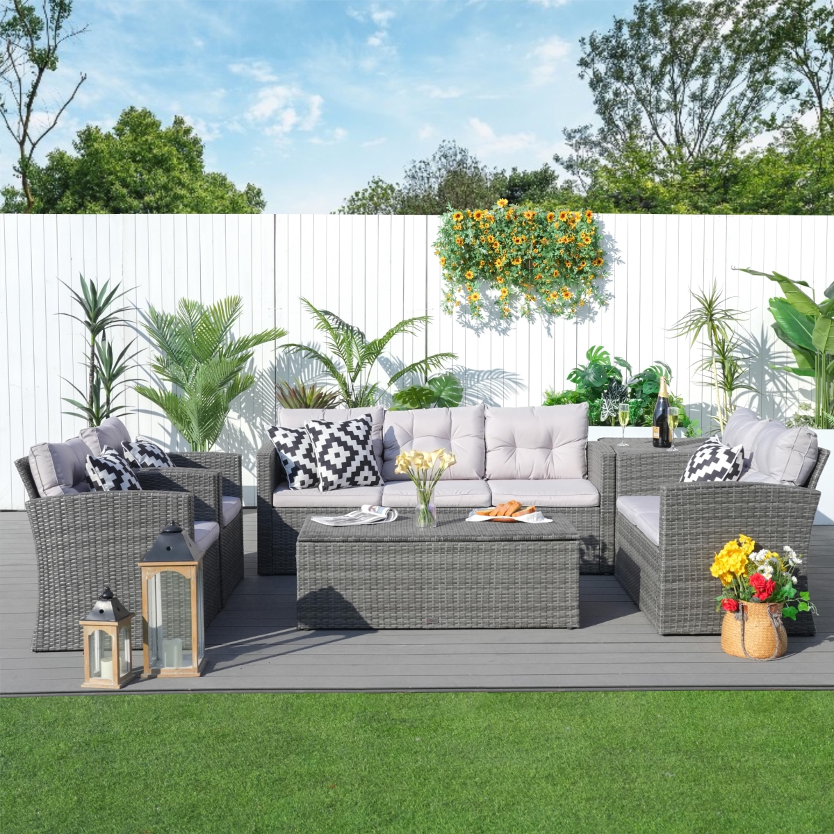 6-Piece Wicker Patio Conversation Set with Gray Cushions and Storage Box