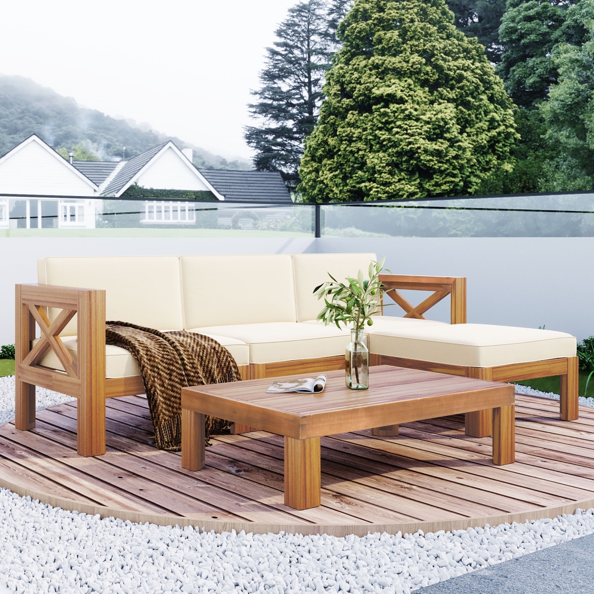 UBS-SP110142AAA Patio Wood 5-Piece Sectional Sofa Seating Group Set with Beige Cushions