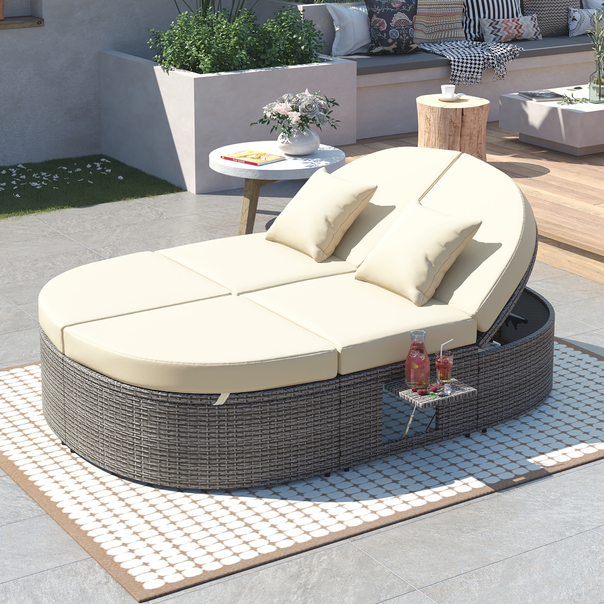 UBS-SP100015AAA Outdoor Rattan Daybed, Patio 2-Person Sun Bed with Cushions and Pillows,  Chaise Lounge with Adjustable Backrests