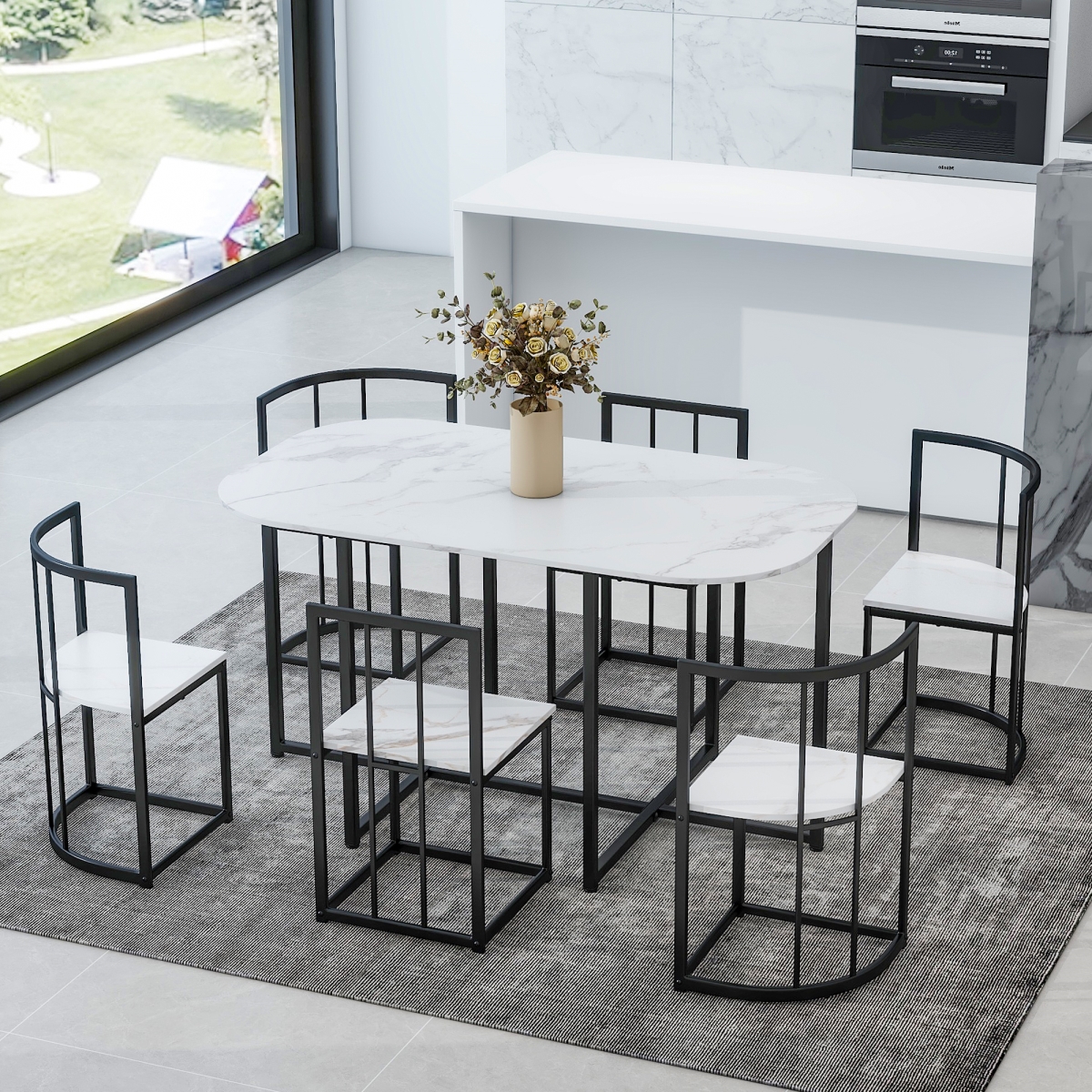 Picture of Direct Wicker UBS-SP000017AAB  Modern 7-Piece Dining Table Set with Faux Marble Compact 55Inch Kitchen Table Set for 6