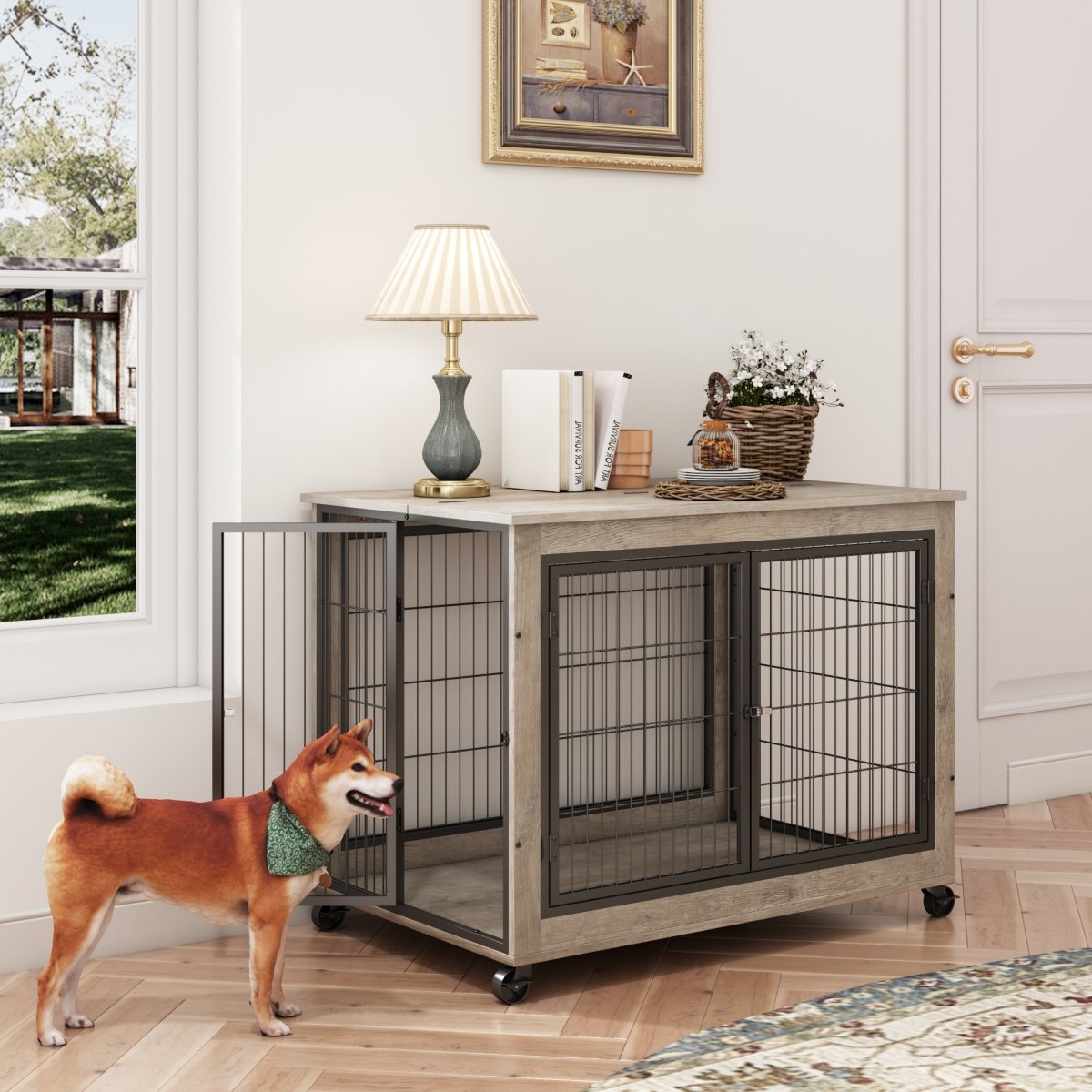 Picture of Direct Wicker UBS-W116291737 Wooden Dog Crate&#44;Pet Cage with Removable Tray&#44;Grey&#44;38.58&apos;&apos;w x 25.5&apos;&apos;d x 27.36&apos;&apos;h.