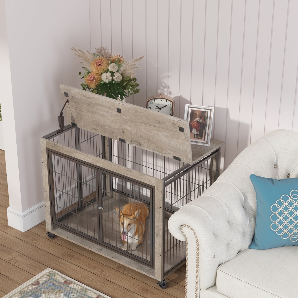 Picture of Direct Wicker UBS-W116291737 Wooden Dog Crate&#44;Pet Cage with Removable Tray&#44;Grey&#44;38.58&apos;&apos;w x 25.5&apos;&apos;d x 27.36&apos;&apos;h.