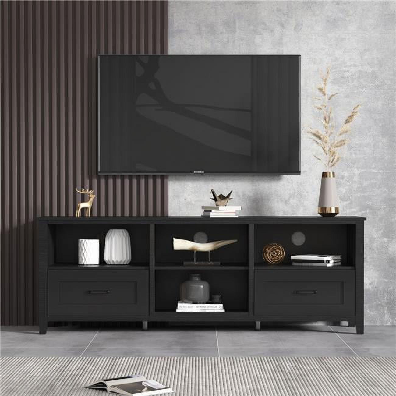 UBS-W88138334 70.08 Inch Length Black TV Stand, Entertainment Cente with Drawers and Storage Compartment -  Direct Wicker