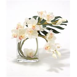 Picture of Distinctive Designs 16105A Waterlook White Orchid Arrangement with Split Philo Leaf in Curved Rectangular Glass Vase