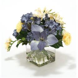 Picture of Distinctive Designs 17049 Waterlook Blue Hydrangea with Freesia & Blue Lily in Glass Vase