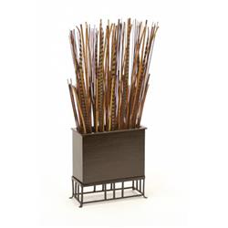 Bamboo Reeds & Pheasant Feathers in Rectangle Wood Planter with Metal Stand