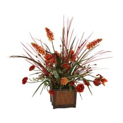 Rust Iris, Ranunculus & Red Hot Poker with Dried Grasses in Leather Chateau Planter