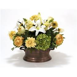 Distinctive Designs Artifical Cream Yellow, Gold,Green and White Garden Flower Mix in Oval Copper Planter 9166A